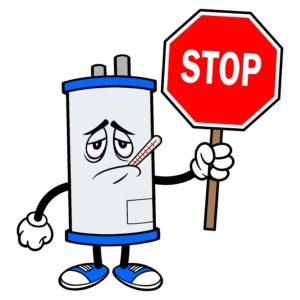 Animated ill looking Water heater holding a stop sign and has thermometer in its mouth