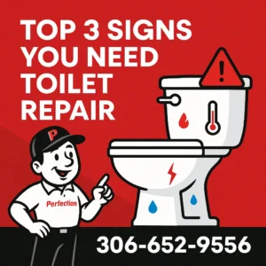 Perfection Plumbing graphic showing the company mascot pointing at a toilet with warning icons for cracks, leaks, and overheating. Bold text reads ‘Top 3 Signs You Need Toilet Repair’ on a red background, with the phone number 306-652-9556 displayed at the bottom