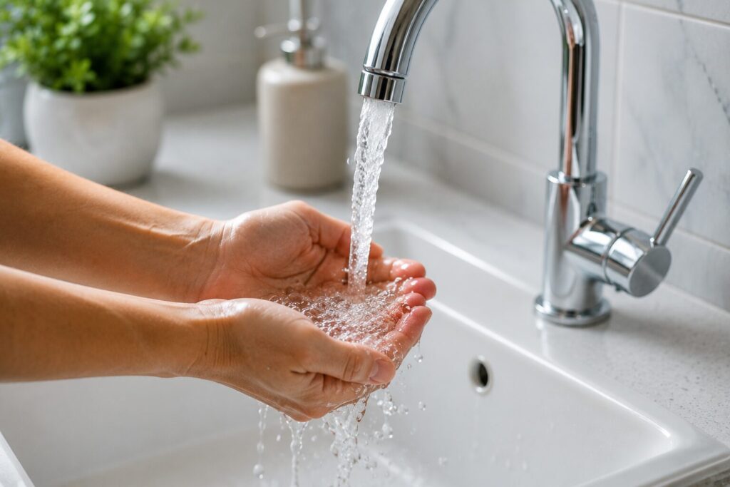 Faucet with water going on to a set of hands