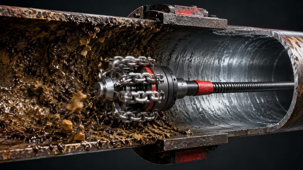 Flexshaft cleaning inside a drain pipe