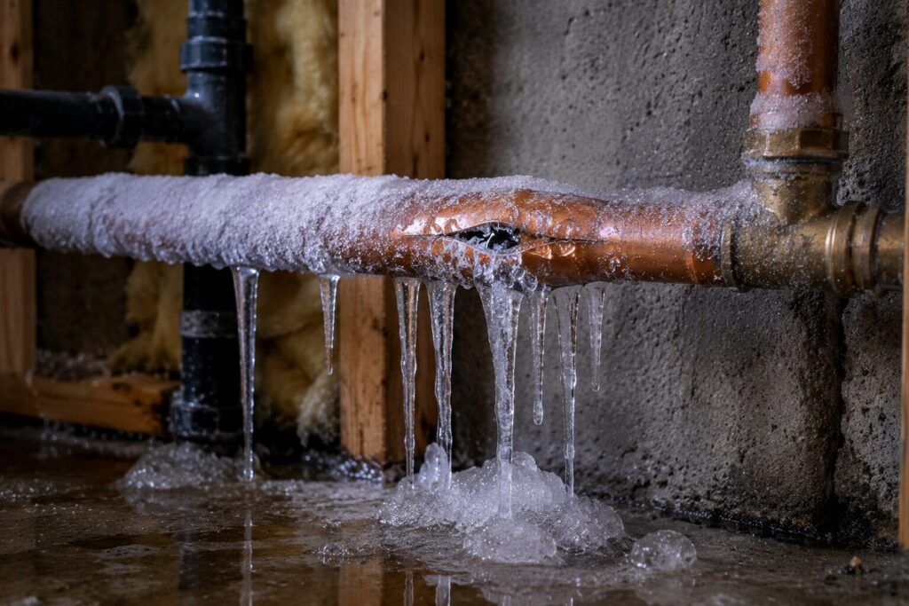 Frozen and burst water pipe in a Saskatoon home — emergency repair by Perfection Plumbing