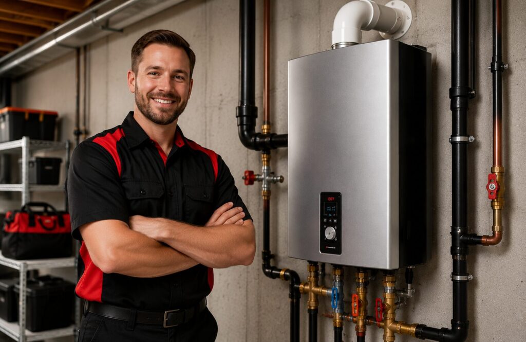Installed tankless water heater with technician standing in front of it