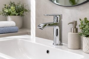 Modern bathroom sink with chrome faucet