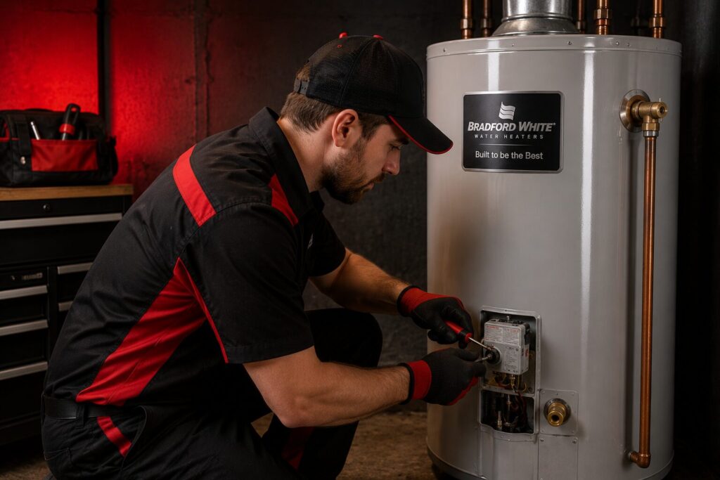 Plumber repairing water heater
