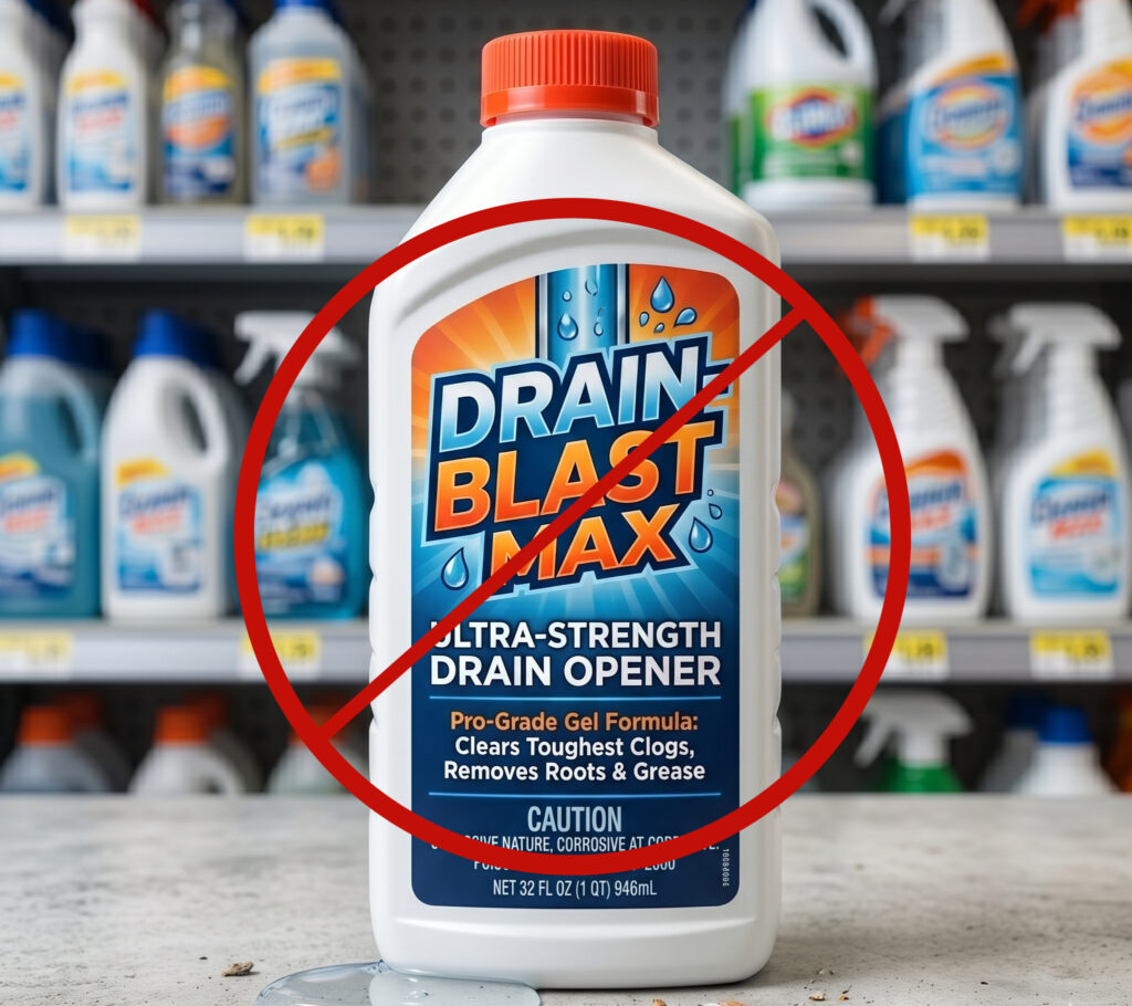 Image of store bought drain opener with a do not symbol overlayed