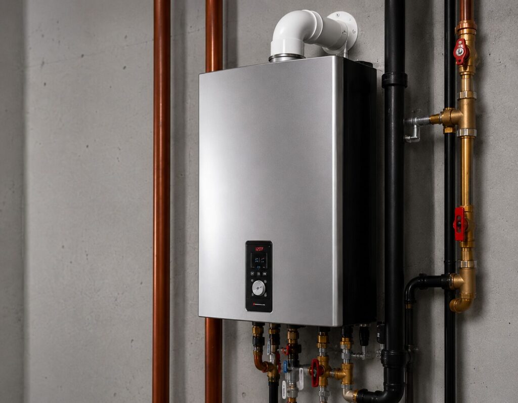 Tankless water heater installed in a Saskatoon home — on-demand hot water system