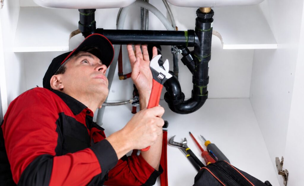 Technician fixing kitchen sink in Saskatoon