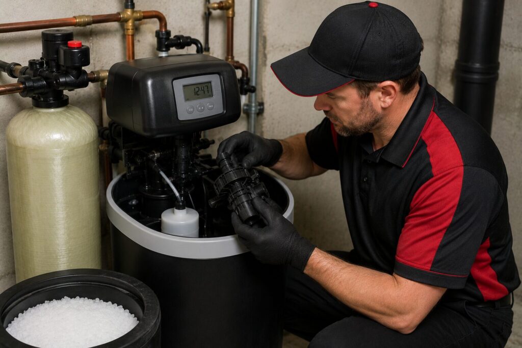 Technician performing maintenance on a water softener