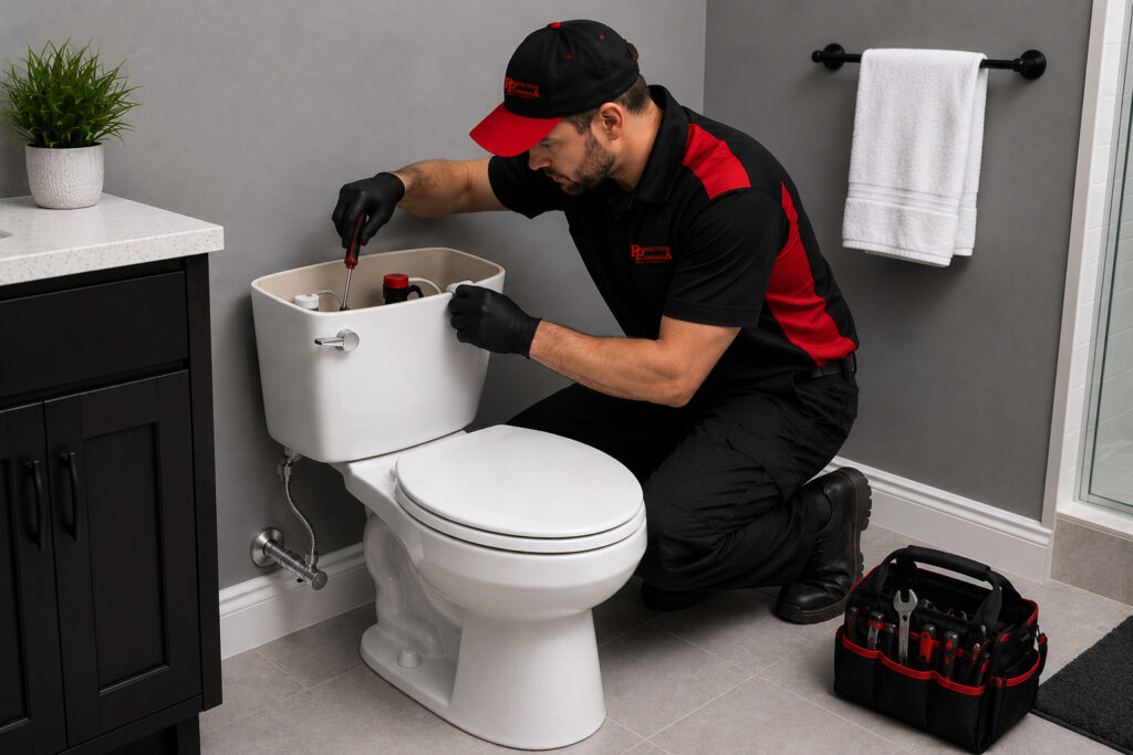 Technician repairing toilet tank