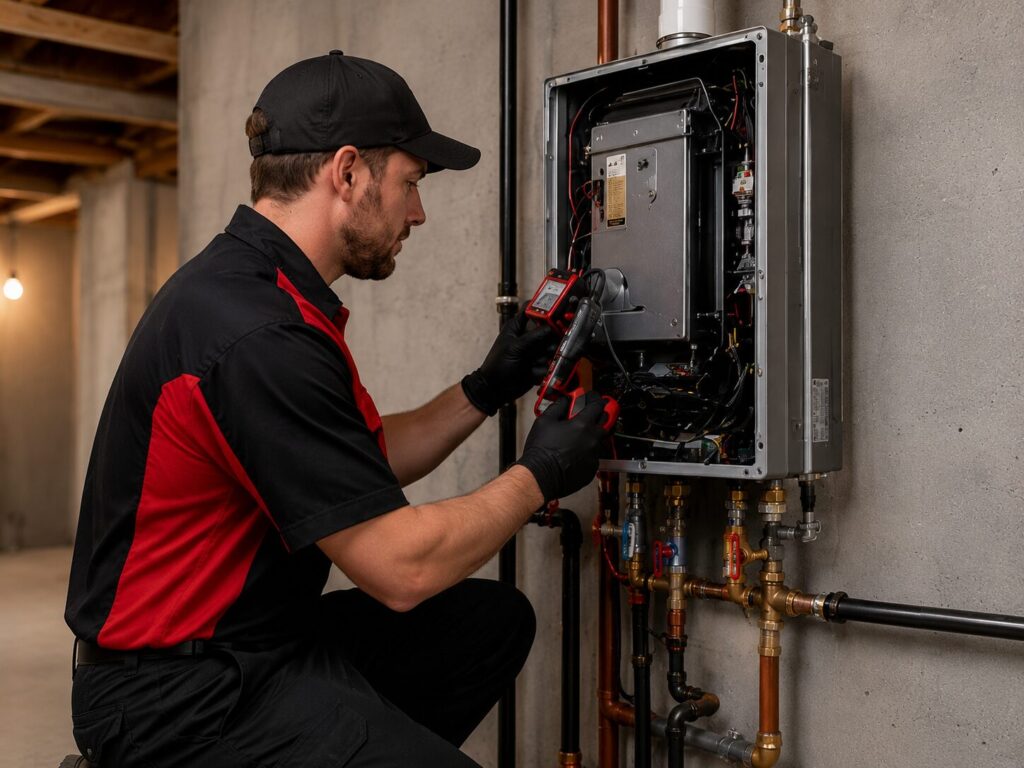 Perfection Plumbing technician servicing a tankless water heater in a Saskatoon basement