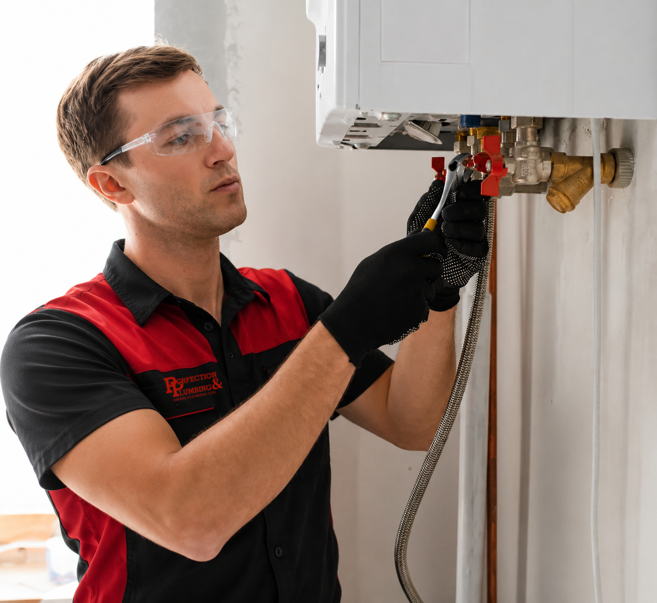 Technician working on a tankless water heater