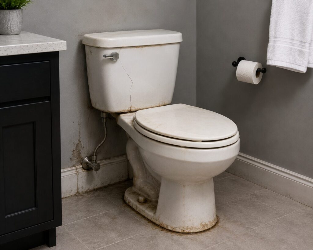 Toilet showing signs of needing repair in a Saskatoon home