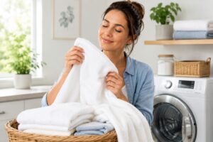 woman enjoying the smell of clean towels in a bright laundry room