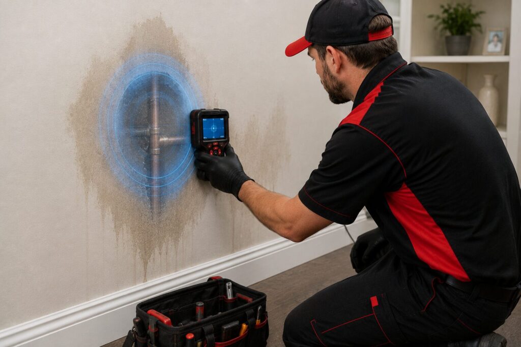 Technician inspecting wall for moisture damage - Saskatoon